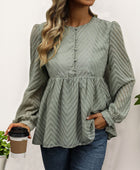 Perfee Peplum Round Neck Long Sleeve Blouse