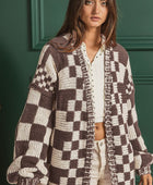 Checkered Open Front Long Sleeve Cardigan