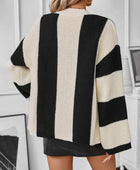 Waffle-Knit V-Neck Striped Long Sleeve Cardigan