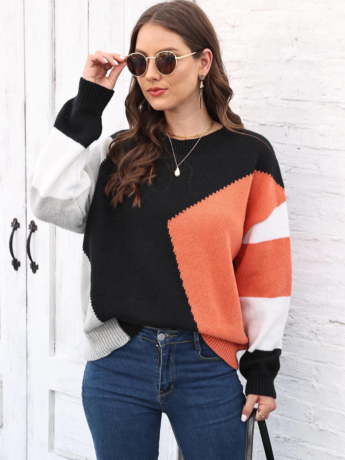 Color Block Round Neck Sweater - Body By J'ne