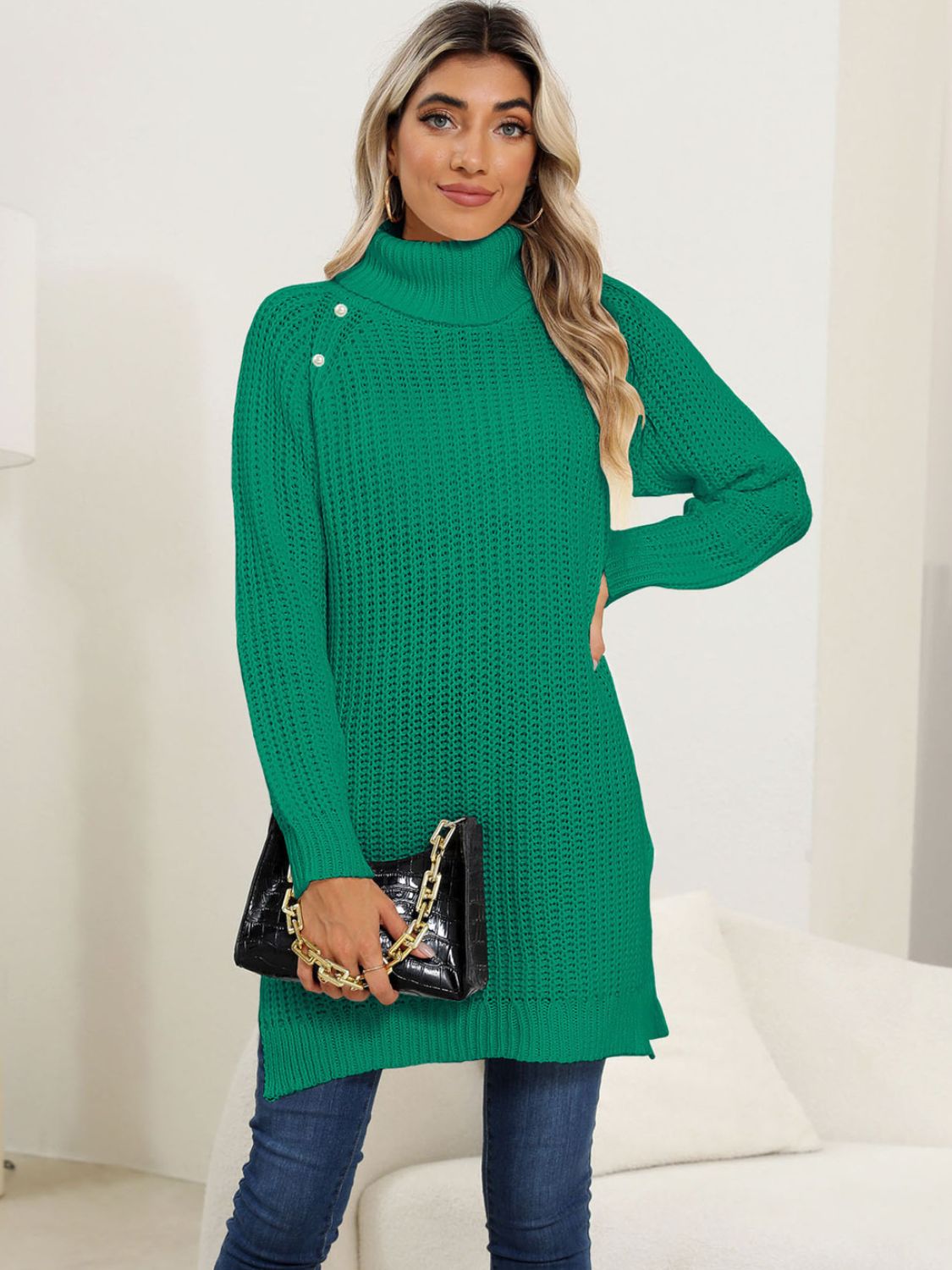 Slit Turtleneck Long Sleeve Sweater - Body By J'ne