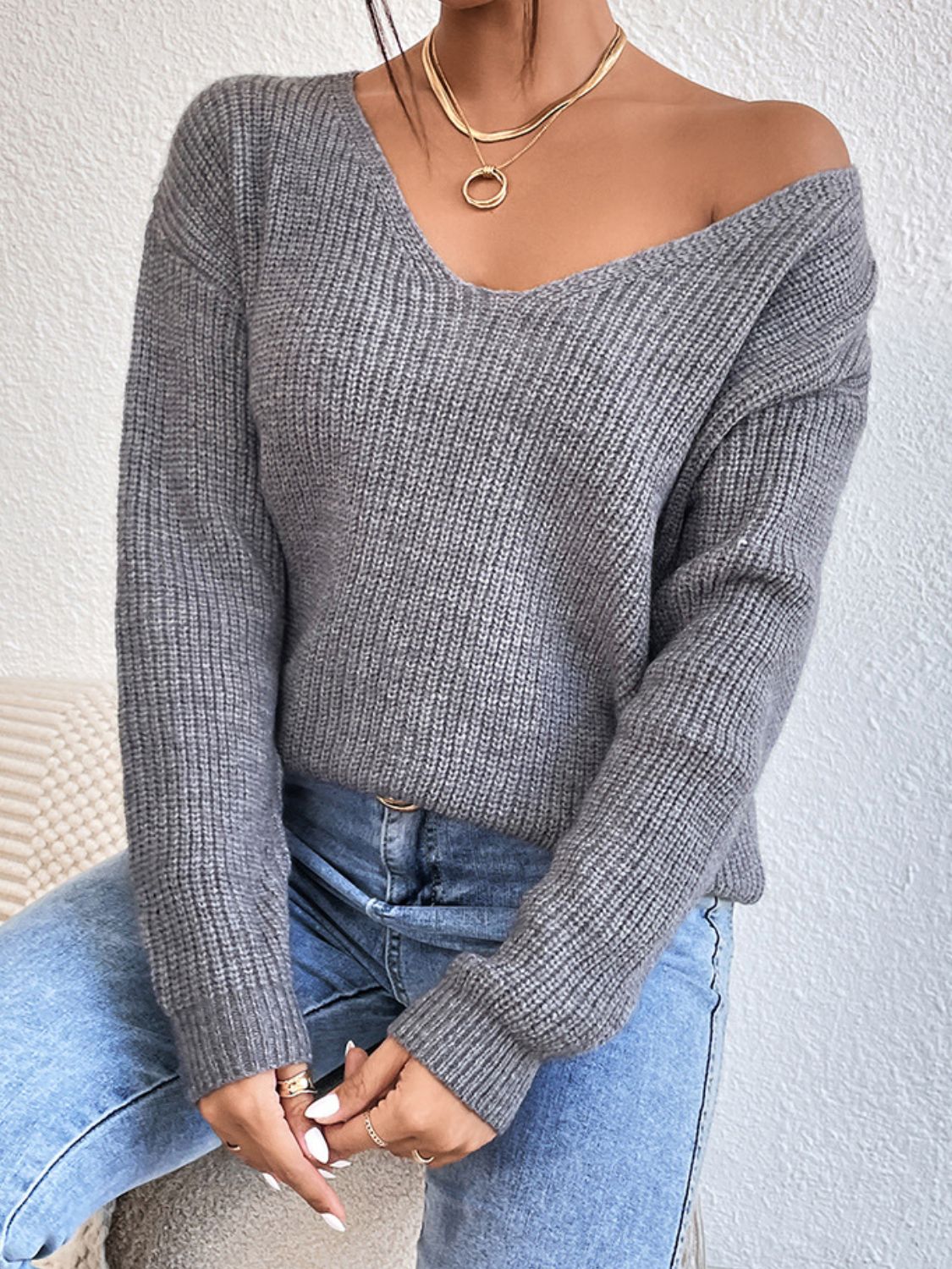 Crisscross V-Neck Long Sleeve Sweater - Body By J'ne
