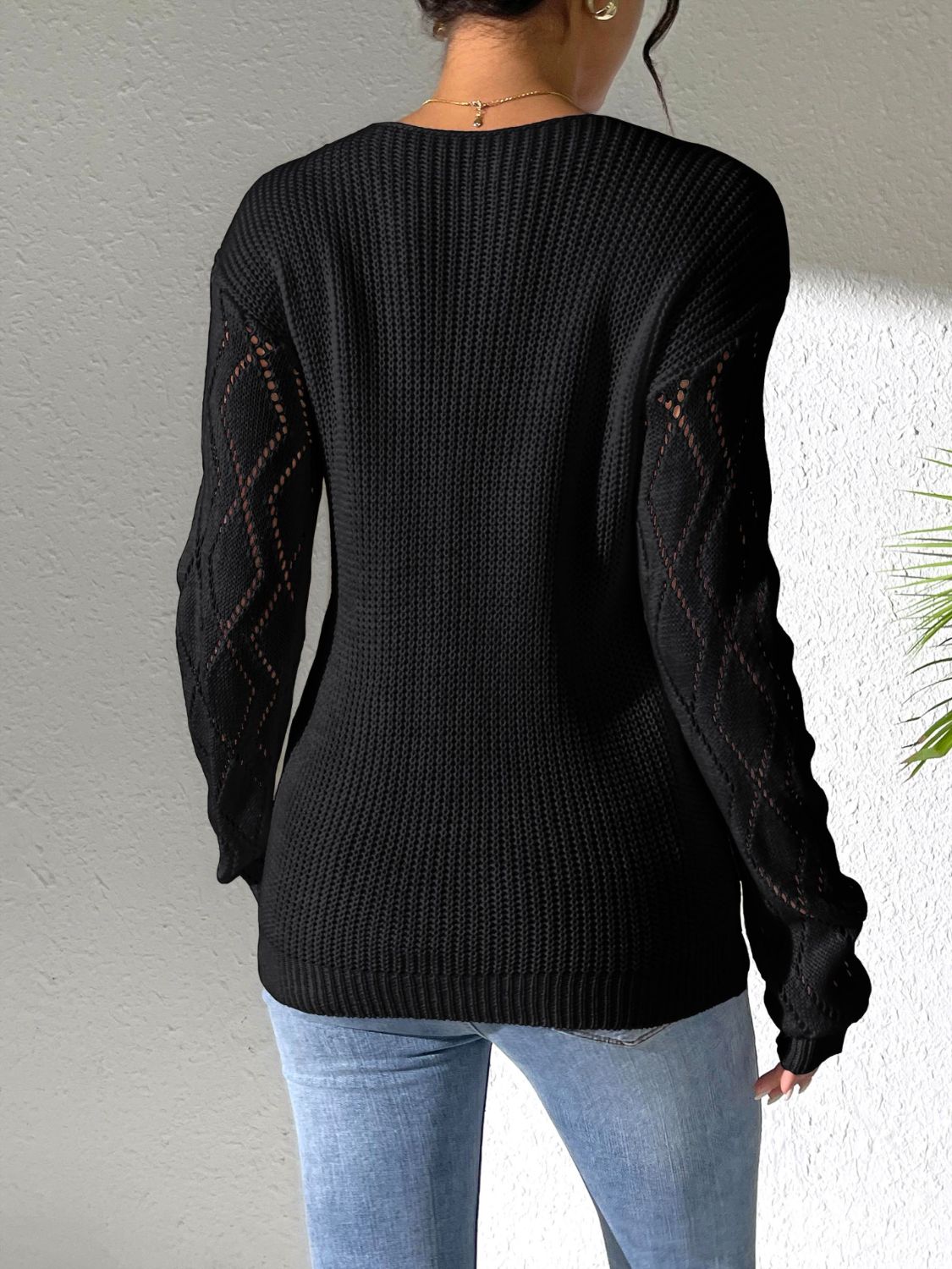 Openwork V-Neck Long Sleeve Sweater - Body By J'ne