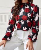 Frill Floral Mock Neck Long Sleeve Top