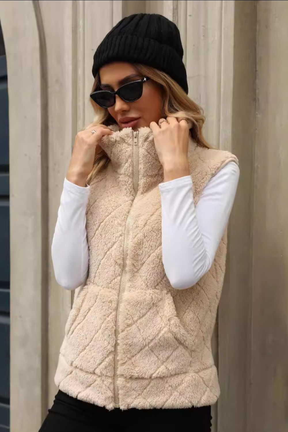 Fuzzy Plaid Texture Zip Up Vest Coat - Body By J'ne