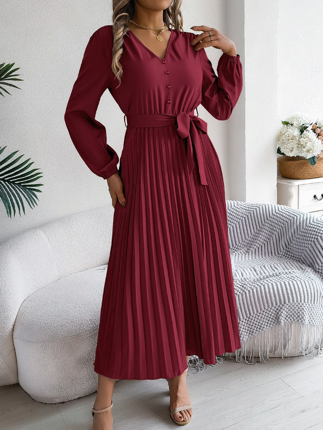 Pleated Tied V-Neck Long Sleeve Dress - Body By J'ne