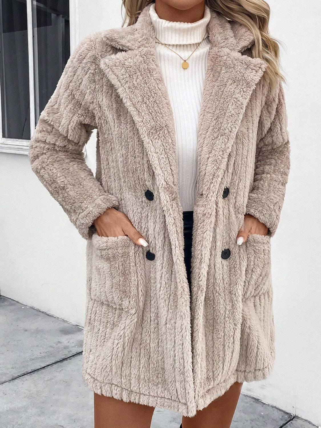 Fuzzy Button Up Long Sleeve Coat with Pockets - Body By J'ne
