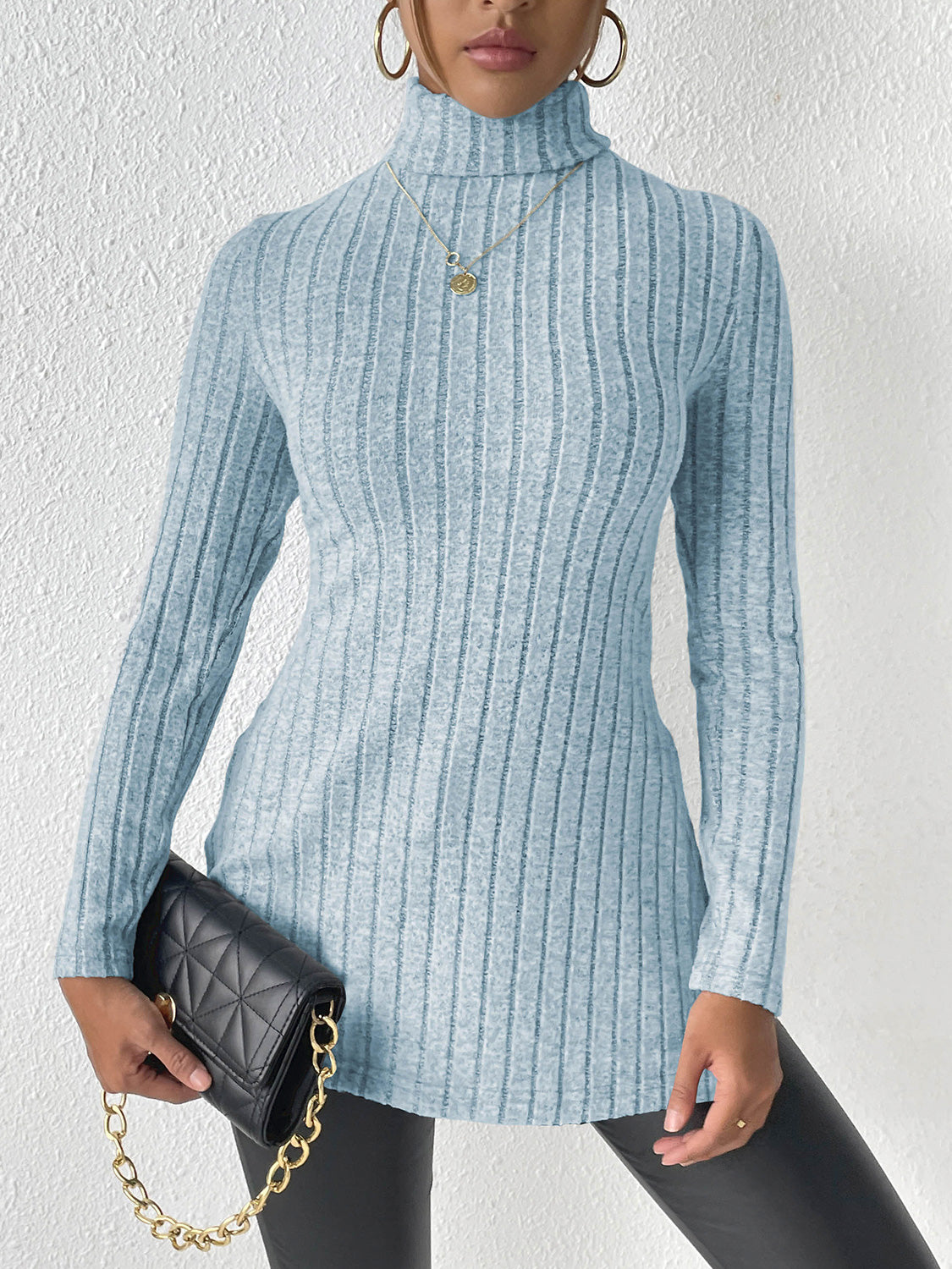 Ribbed Turtleneck Long Sleeve Slit T-Shirt - Body By J'ne