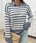 Devine Striped Collared Neck Long Sleeve Sweater