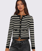 Striped Round Neck Button Up Long Sleeve Cardigan