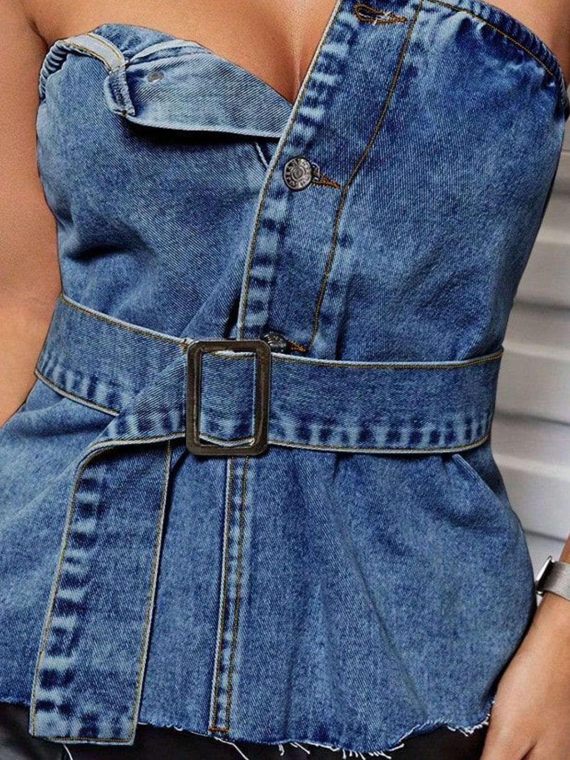 Buttoned Raw Hem Tube Denim Top - Body By J'ne