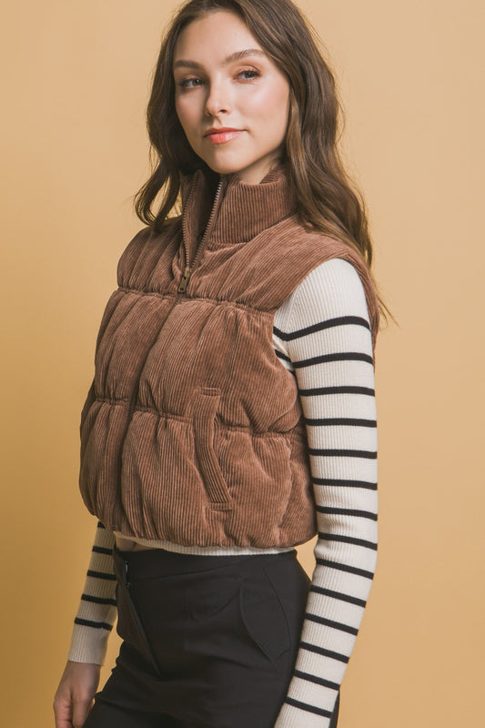 Corduroy Zip Up Puffer Vest with Pockets - Body By J'ne