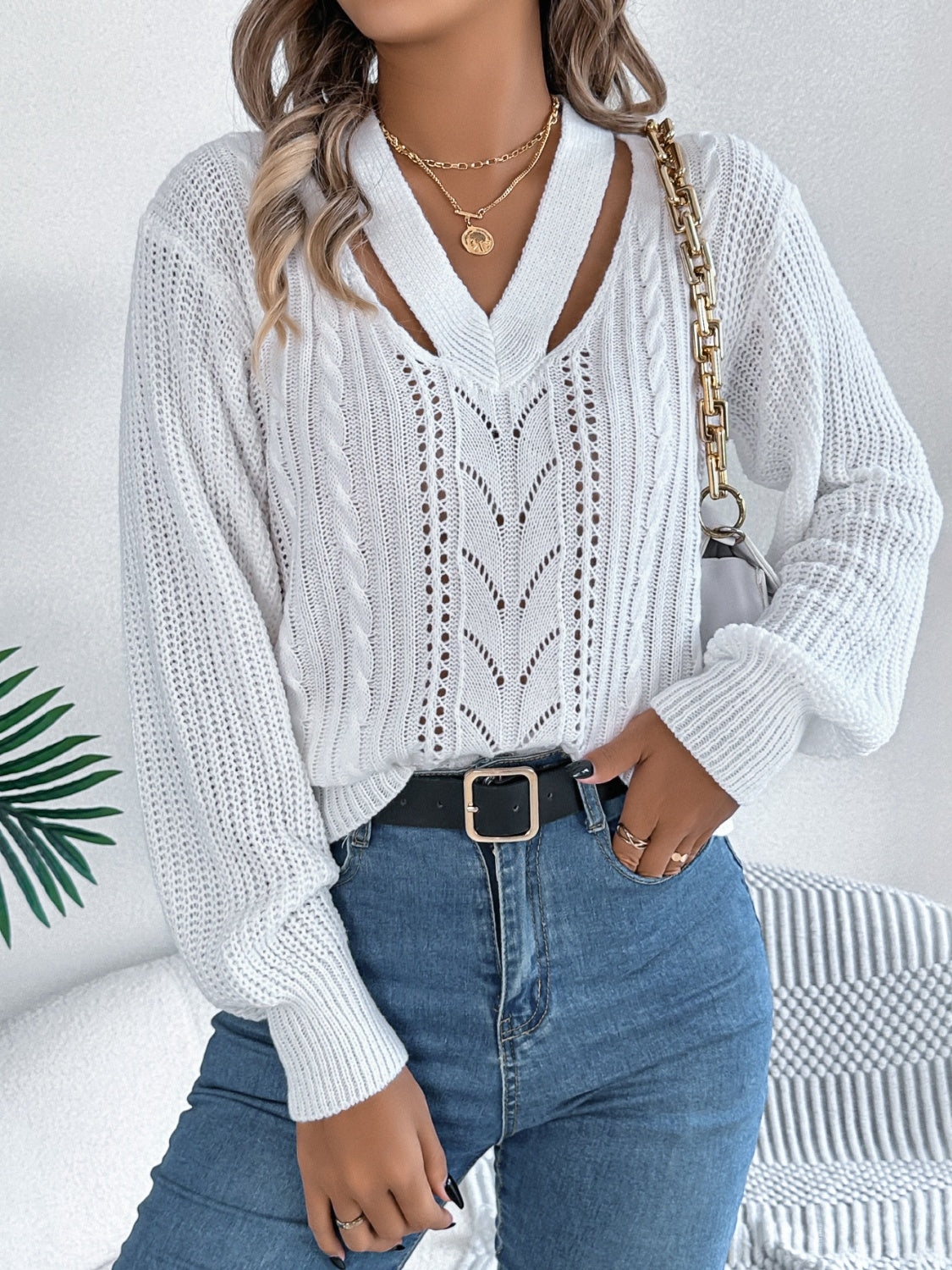 Cutout V-Neck Long Sleeve Sweater - Body By J'ne