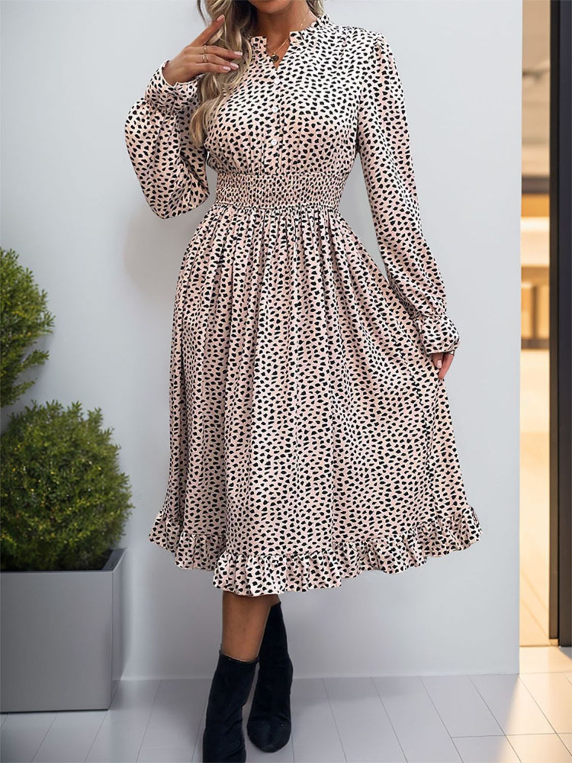 Perfee Ruched Ruffled Leopard Long Sleeve Dress - Body By J'ne