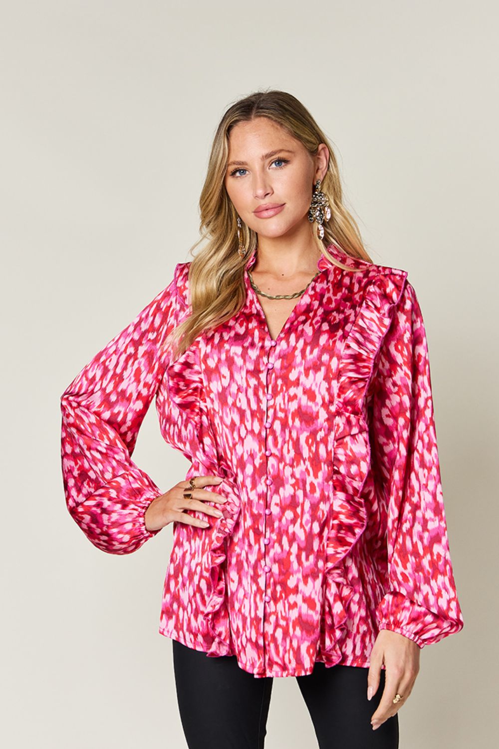 Full Size Printed Ruffle Trim Balloon Sleeve Shirt - Body By J'ne