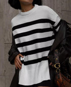 Slit Striped Round Neck Sweater