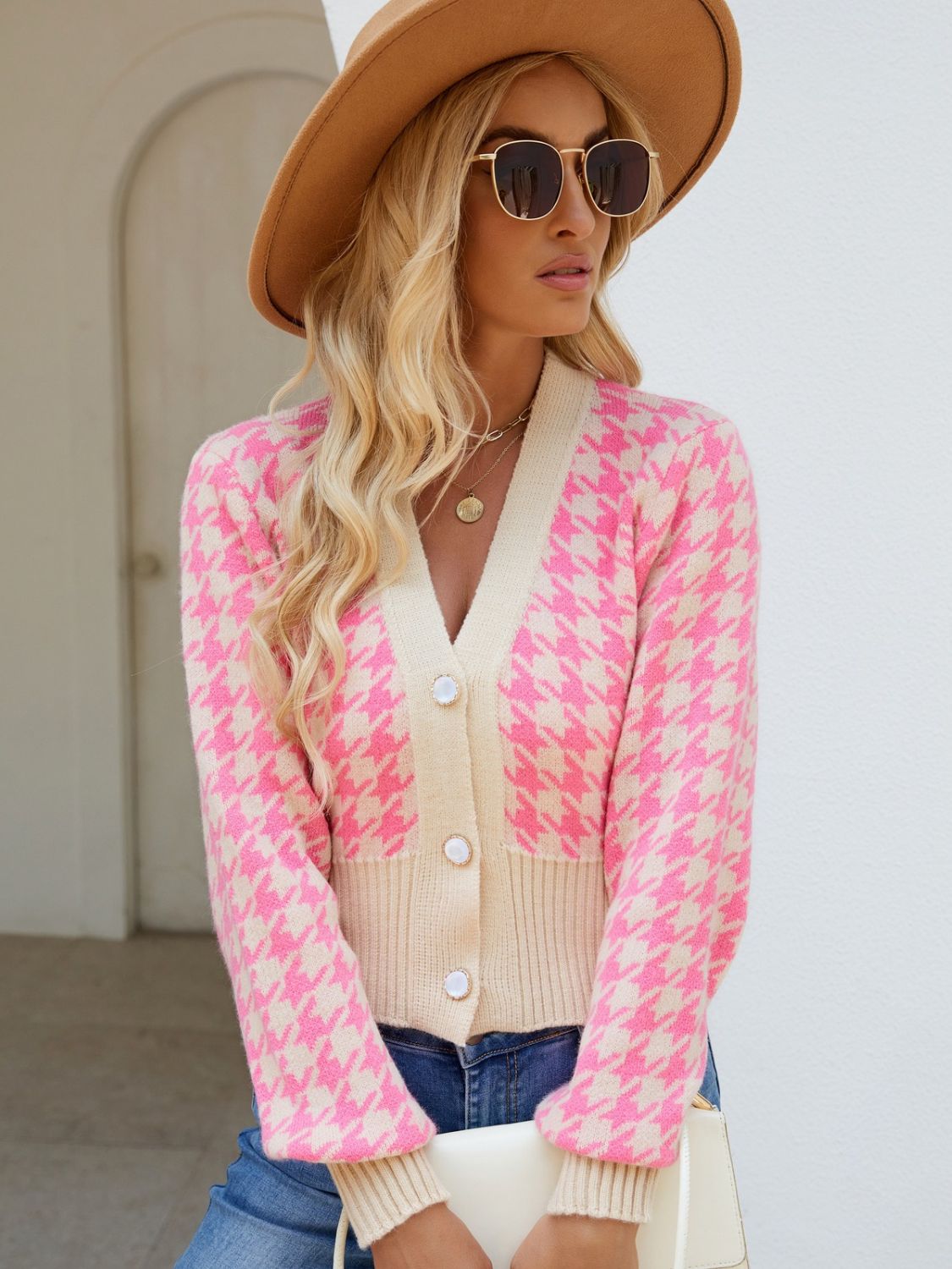 Houndstooth Button Up Long Sleeve Cardigan - Body By J'ne
