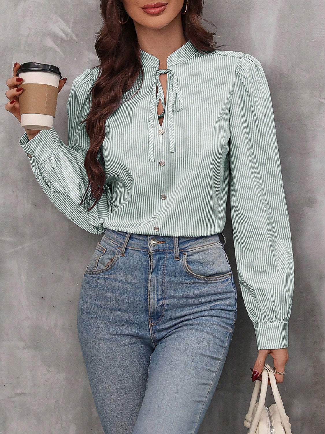 Striped Tie Neck Long Sleeve Blouse - Body By J'ne