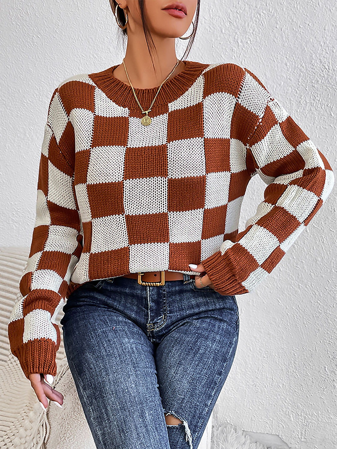 Checkered Round Neck Sweater - Body By J'ne