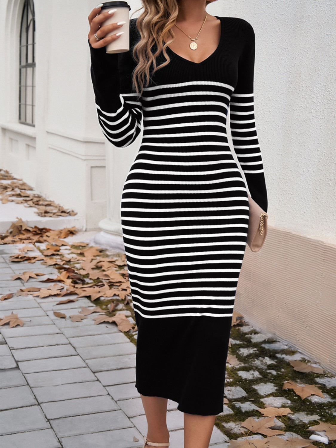 Striped V-Neck Long Sleeve Sweater Dress - Body By J'ne