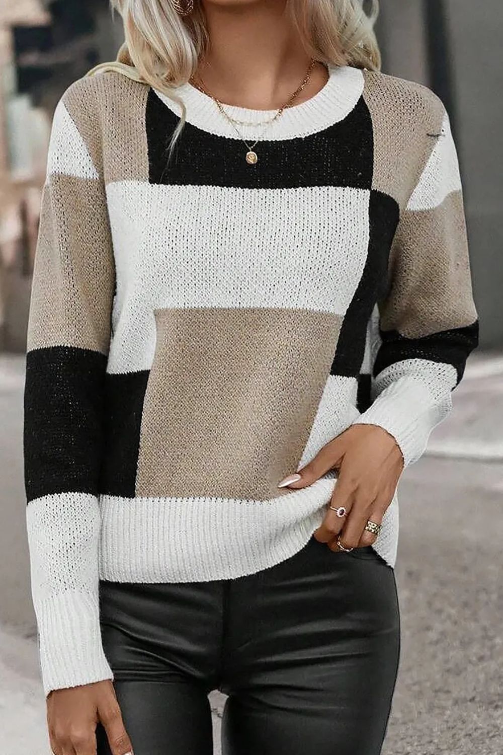Color Block Round Neck Long Sleeve Sweater - Body By J'ne