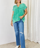 Zenana Washed Raw Hem Short Sleeve Blouse with Pockets - Body By J'ne