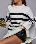 Slit Striped Round Neck Sweater