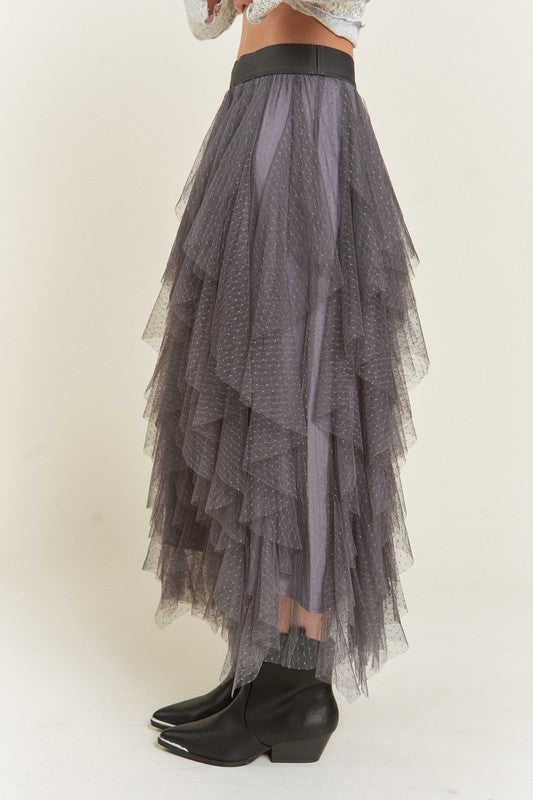 PLUS LAYER POLKA DOT MESH LINED A-LINE MIDI SKIRT - Body By J'ne