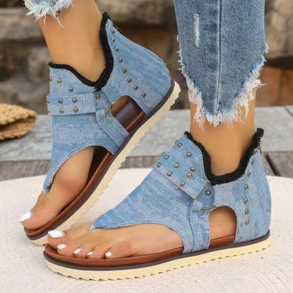 Studded Raw Hem Flat Sandals - Body By J'ne