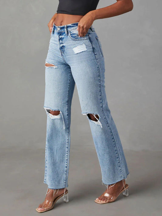 Distressed Straight Leg Jeans with Pockets - Body By J'ne