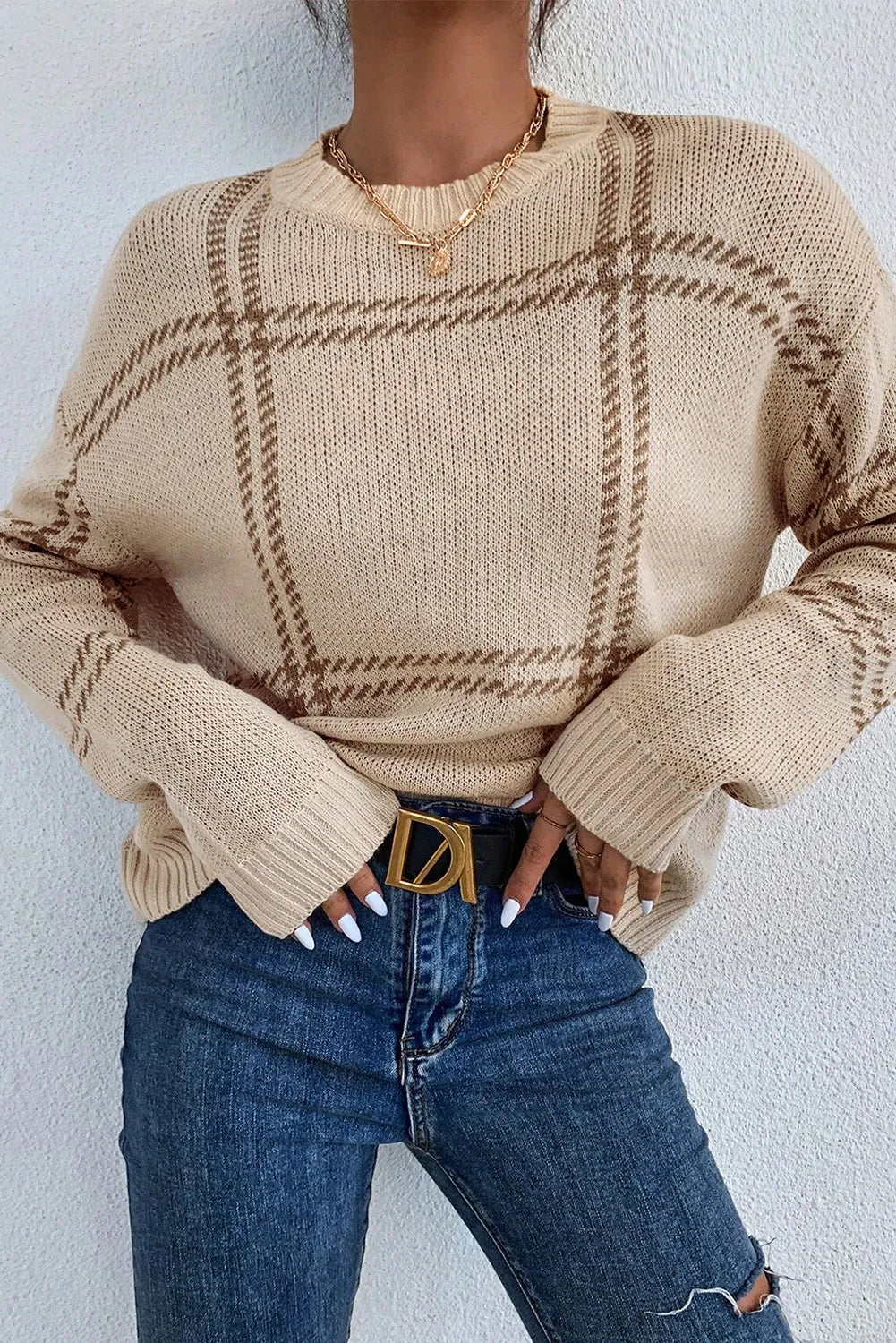 Plaid Round Neck Dropped Shoulder Sweater - Body By J'ne