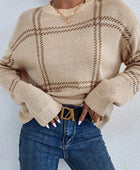 Plaid Round Neck Dropped Shoulder Sweater