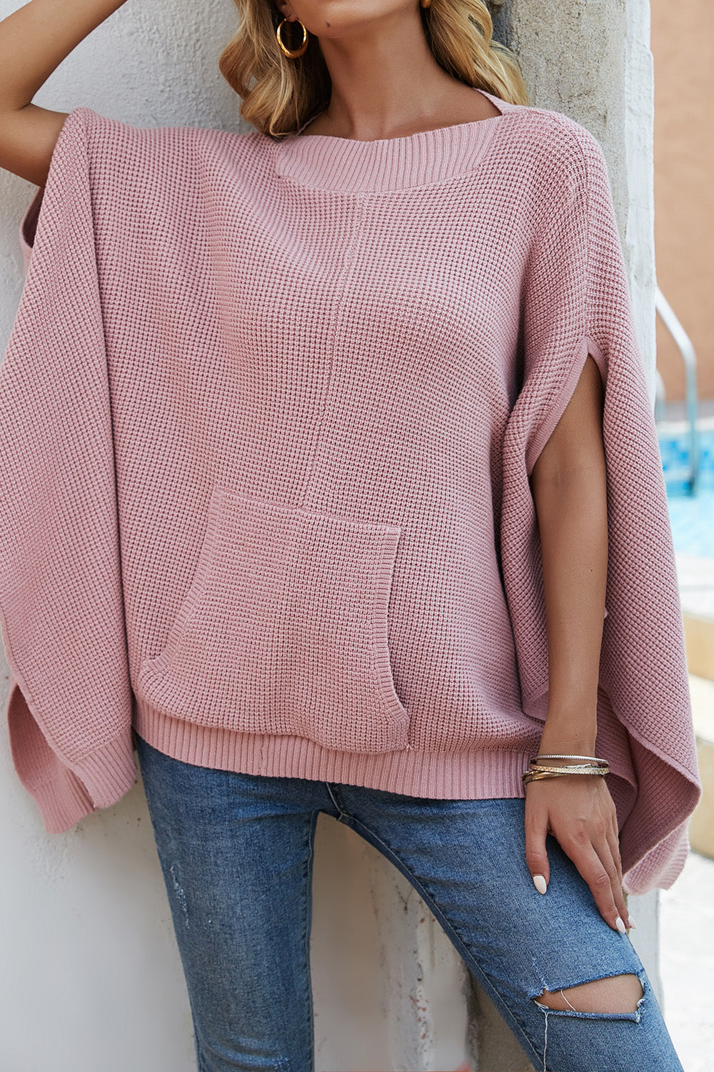 Waffle-Knit Pocketed Cape Sleeve Sweater - Body By J'ne