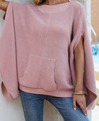 Waffle-Knit Pocketed Cape Sleeve Sweater