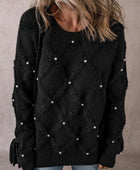 Pearl Detail Round Neck Long Sleeve Sweater