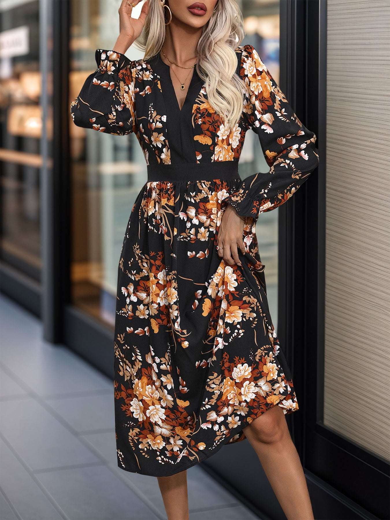 Printed Notched Long Sleeve Midi Dress - Body By J'ne