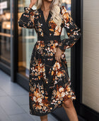 Printed Notched Long Sleeve Midi Dress