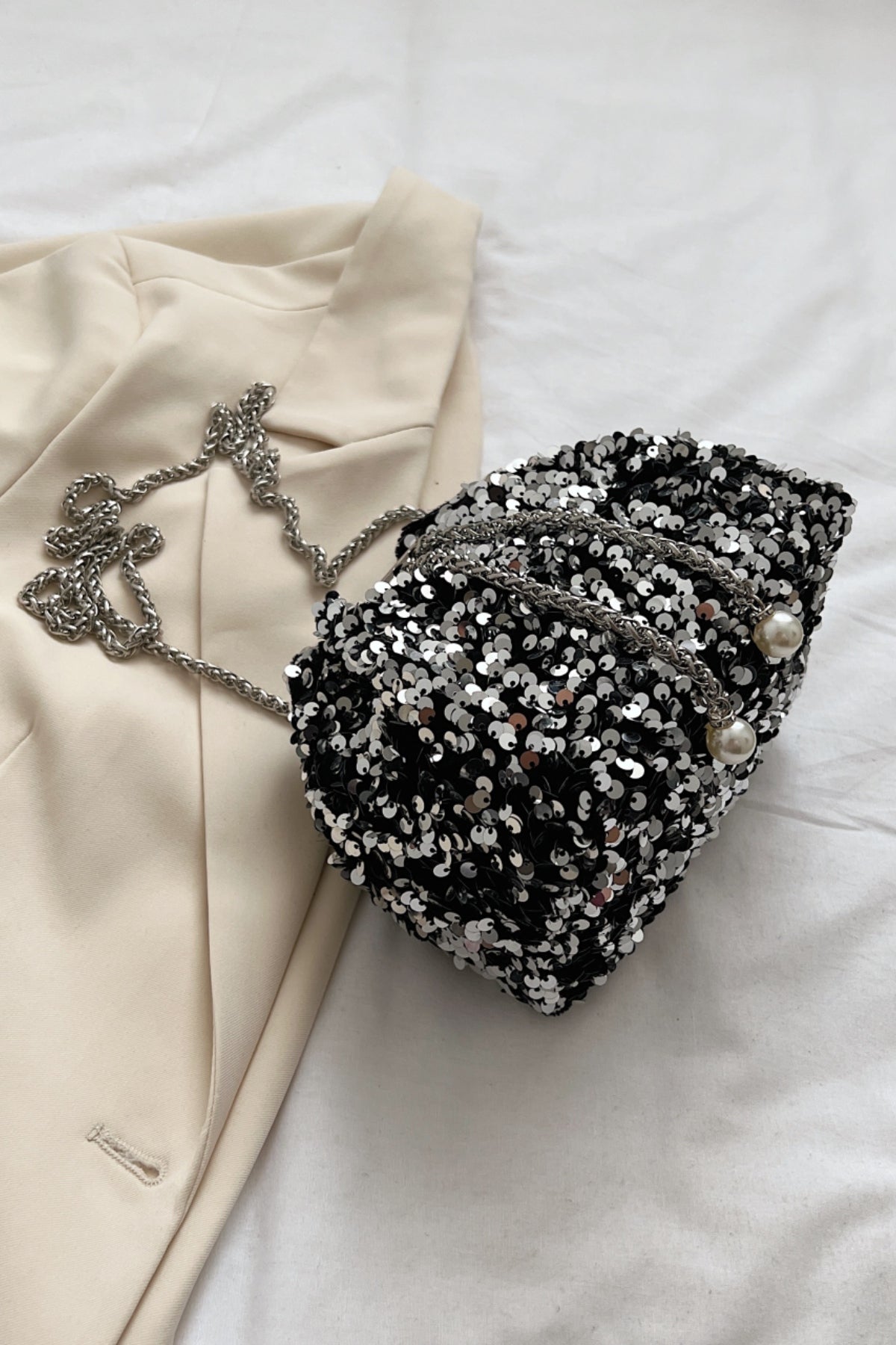 Sequin Chain Drawstring Bucket Bag - Body By J'ne