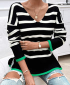 Striped V-Neck Long Sleeve Knit Top