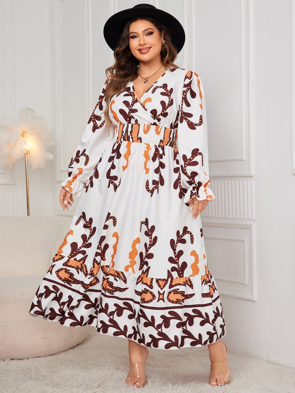 Plus Size Printed Surplice Flounce Sleeve Dress - Body By J'ne