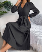 Pleated Tied V-Neck Long Sleeve Dress