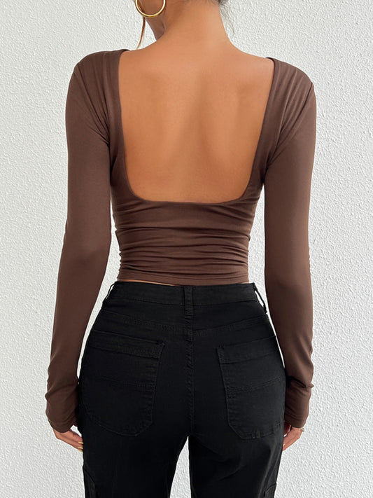 Devine Backless Round Neck Long Sleeve T-Shirt - Body By J'ne