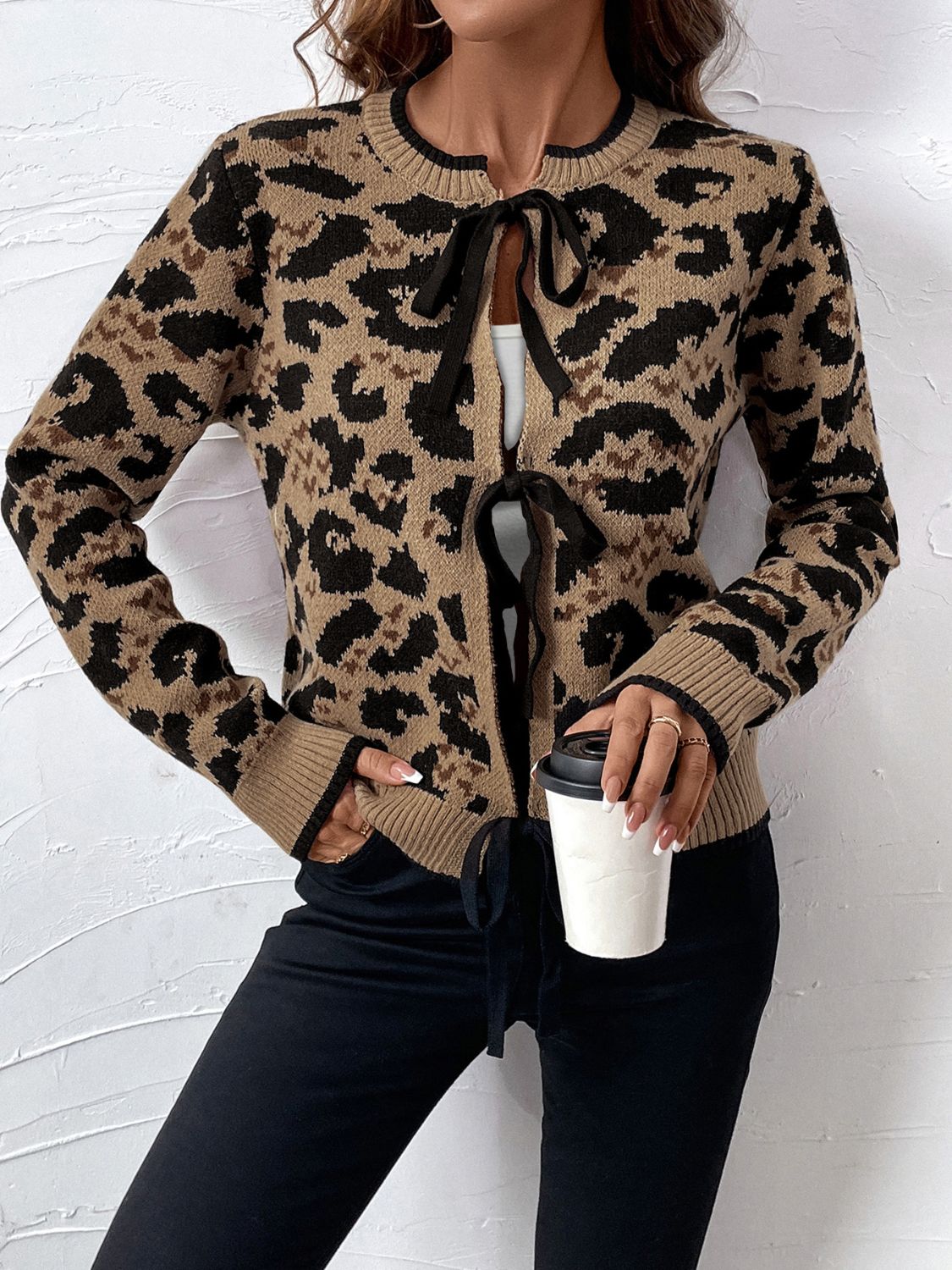 Perfee Tied Leopard Long Sleeve Cardigan - Body By J'ne
