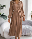 Pleated Tied V-Neck Long Sleeve Dress