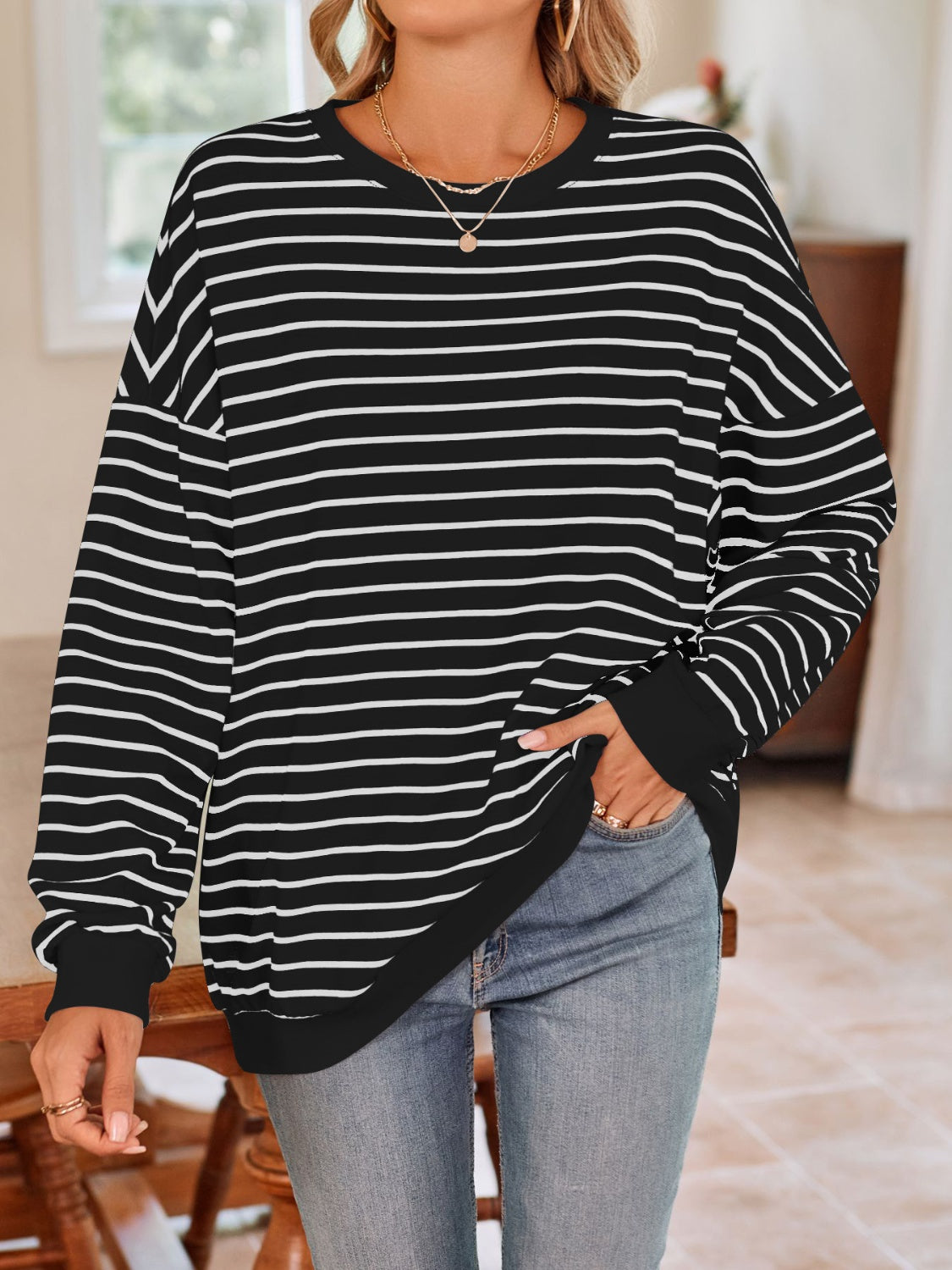 Lovelet Striped Round Neck Long Sleeve Sweatshirt - Body By J'ne