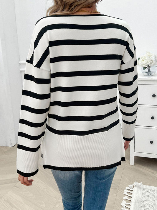Striped V-Neck Long Sleeve Knit Top - Body By J'ne