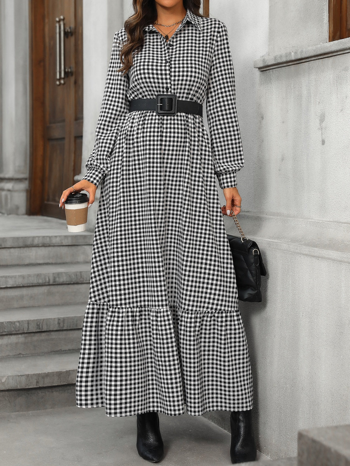 Ruffle Hem Plaid Long Sleeve Dress - Body By J'ne