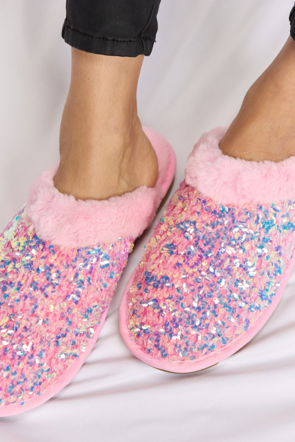 Sequin Plush Round Toe Slippers - Body By J'ne