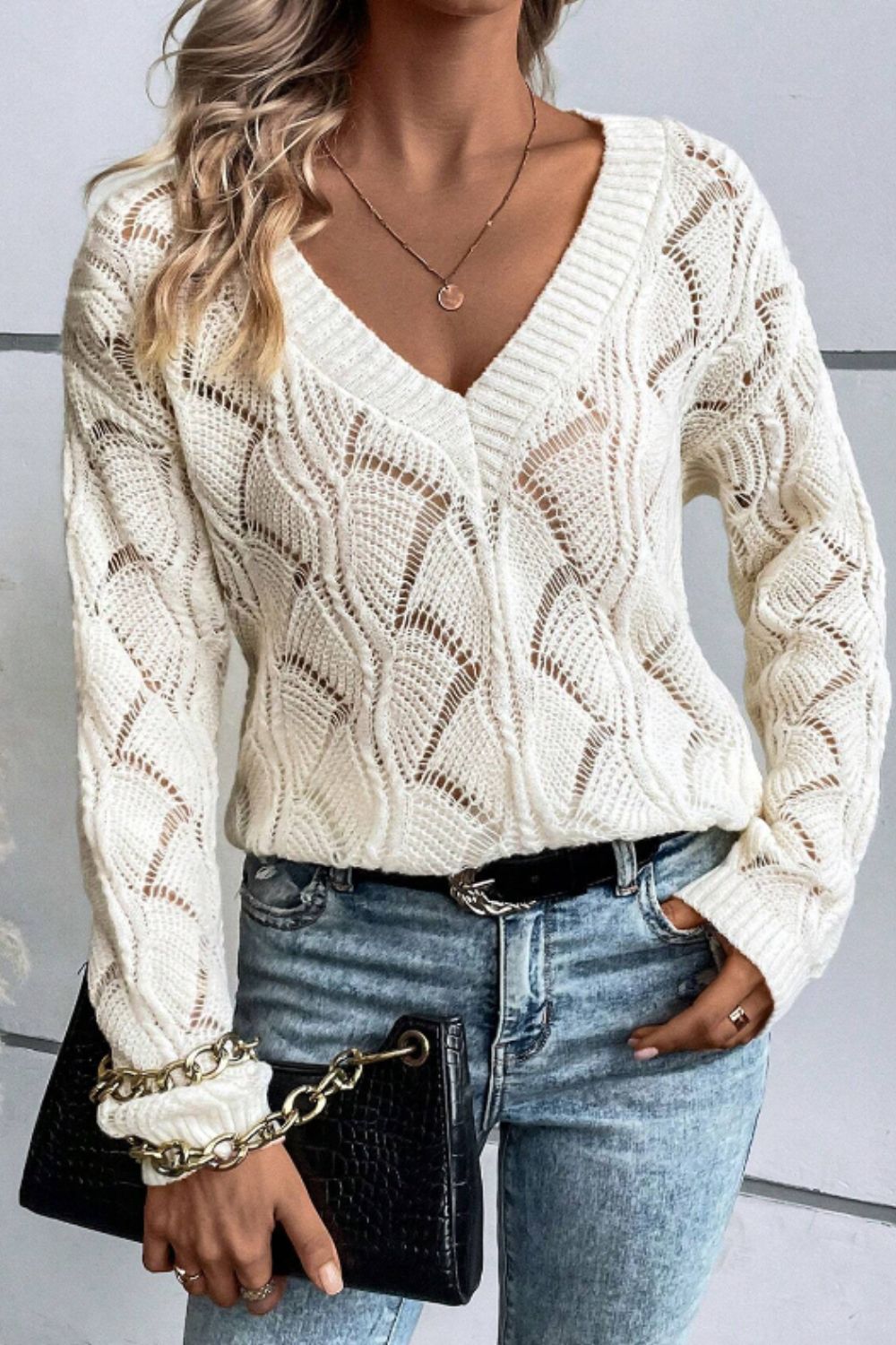 Openwork V-Neck Long Sleeve Sweater - Body By J'ne