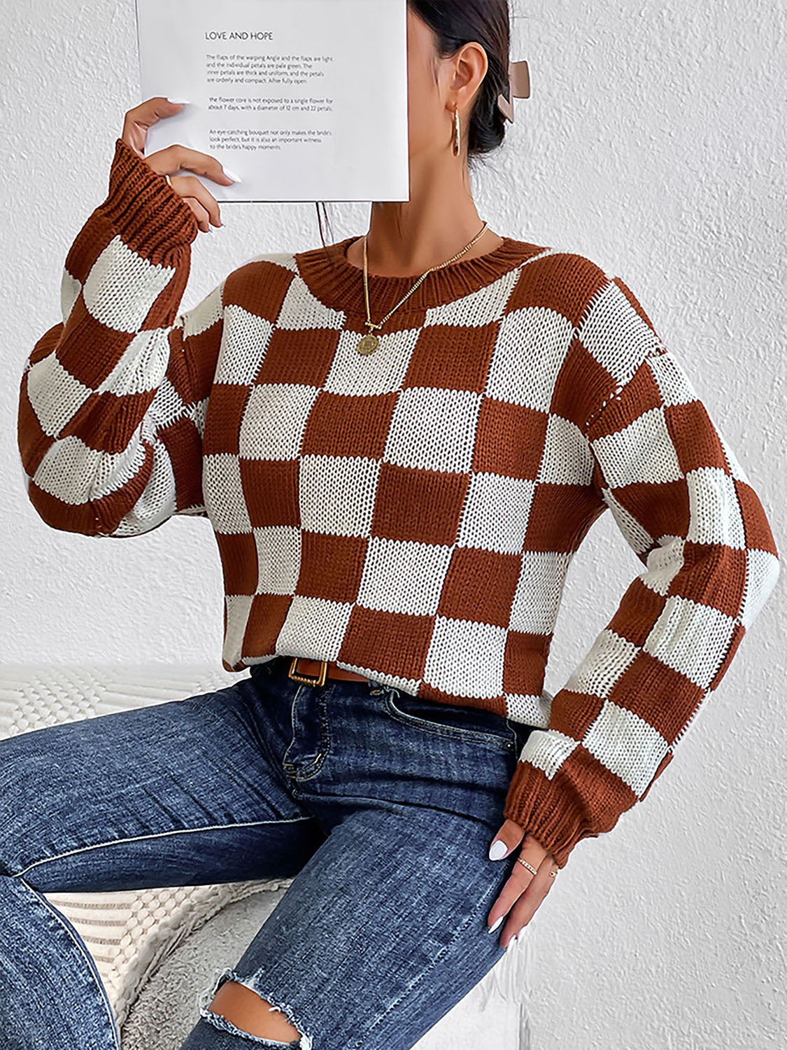 Checkered Round Neck Sweater - Body By J'ne